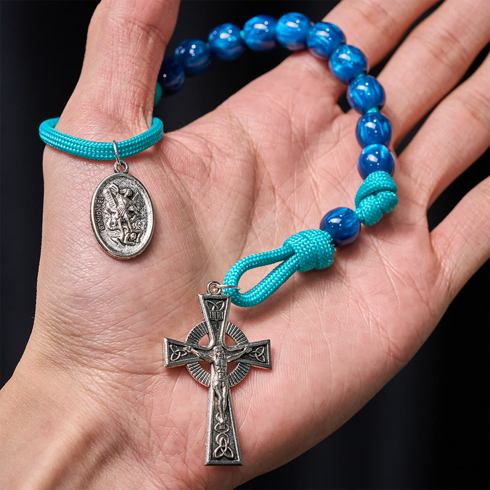 Navy Beads & Turquoise Cord Pocket Rosary with St. Michael Devotion