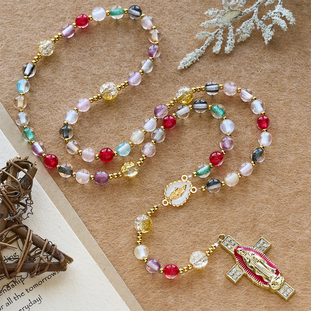 Rainbow Shimmer Cat's Eye Rosary with Our Lady Devotional Cross