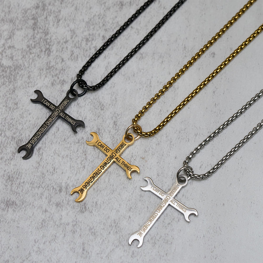 Minimalist Tricolor Wrench Cross Necklace with Faith & Strength Bible Verse