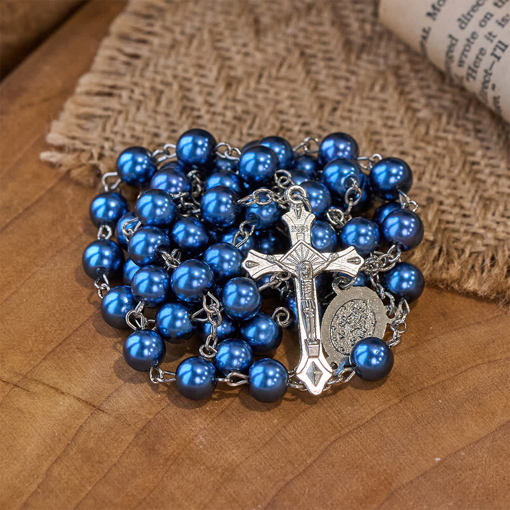 Royal Blue Pearl Beads Rosary with Holy Mother Medal & Crucifix