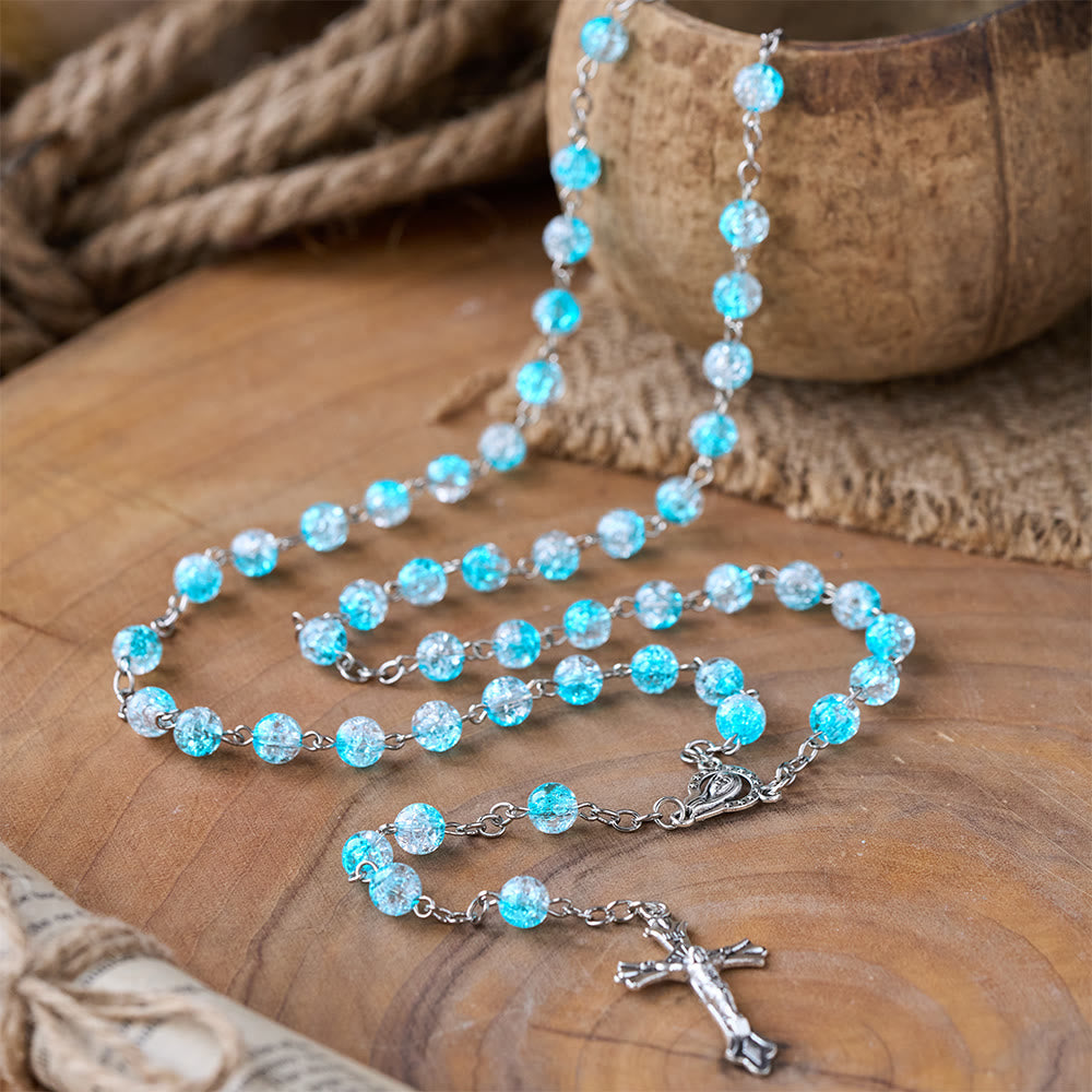 Celestial Blue Glass Beads Rosary with Jesus Heart & Crucifix