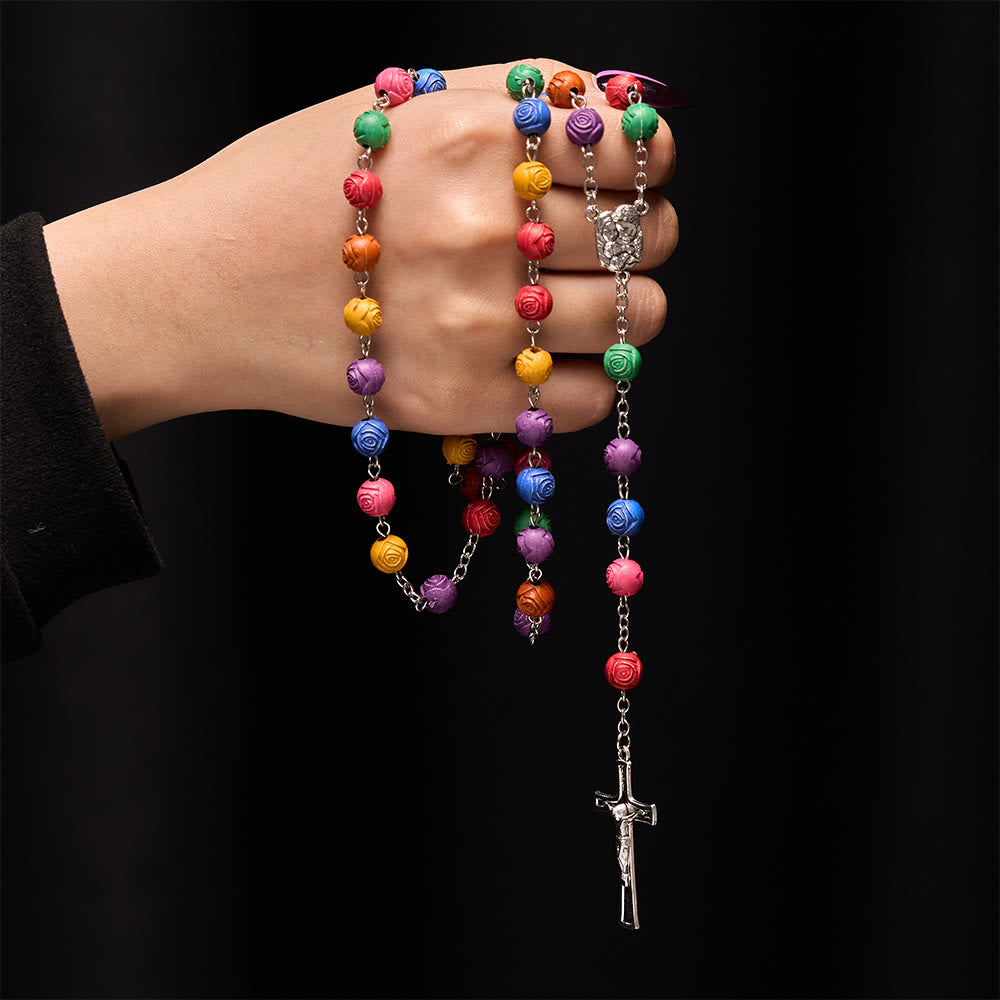 Holy Family Jesus Cross Rose Colored Beads Rosary