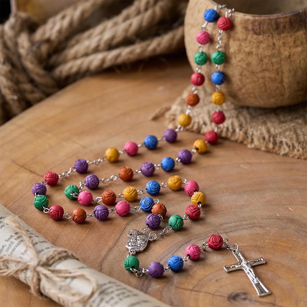 Holy Family Jesus Cross Rose Colored Beads Rosary
