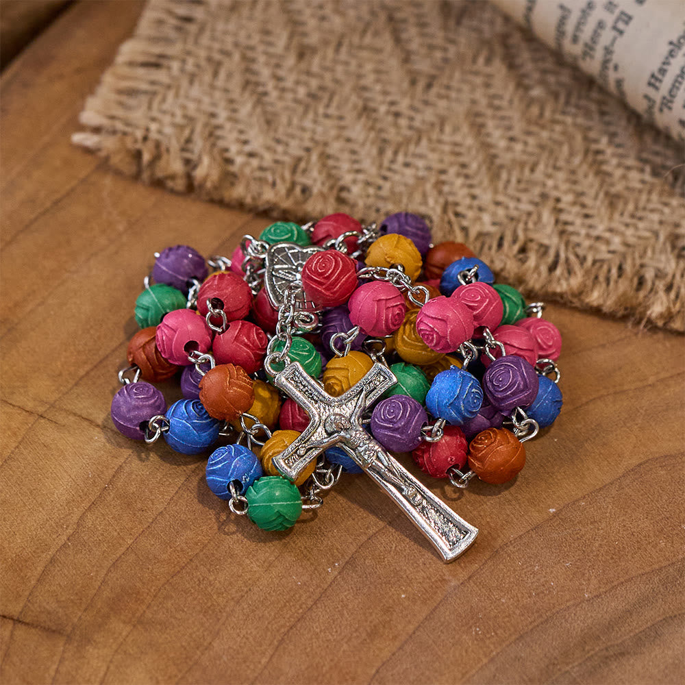 Holy Family Jesus Cross Rose Colored Beads Rosary