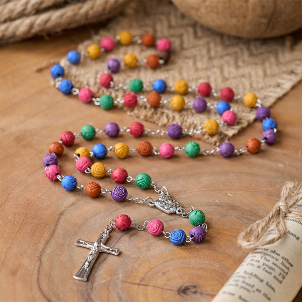 Holy Family Jesus Cross Rose Colored Beads Rosary