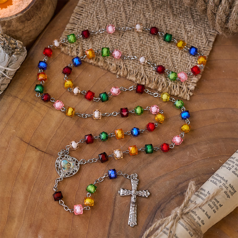 Our Lady of Peace & Crucifix of 8 mm Polyhedron Multicolor Acrylic Alloy Chain Rosary