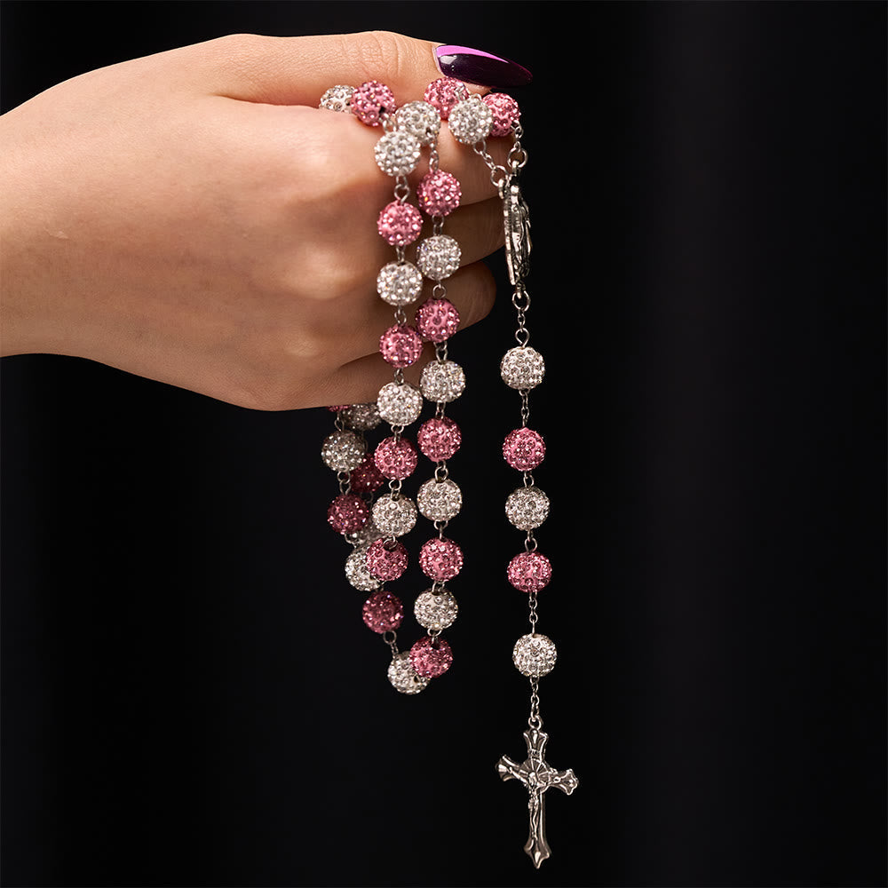 Our Lady of Guadalupe & Crucifix of 10 mm Round Pink White Polymer Clay Alloy Chain Rosary