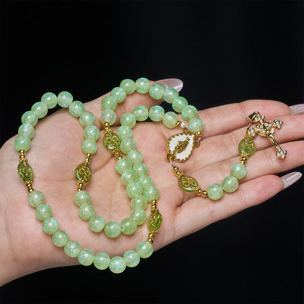 Celtic Blessing Shimmering Green Rosary: Lucky Shamrock with Golden Charm