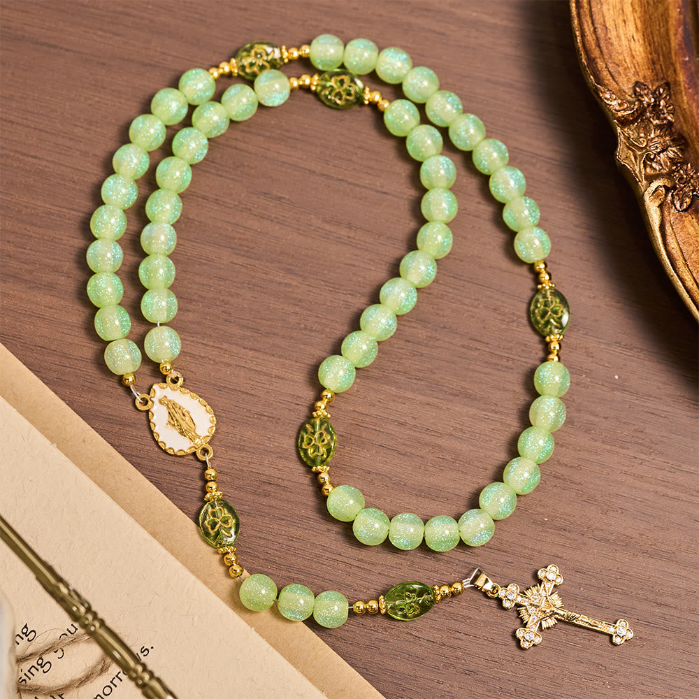 Celtic Blessing Shimmering Green Rosary: Lucky Shamrock with Golden Charm