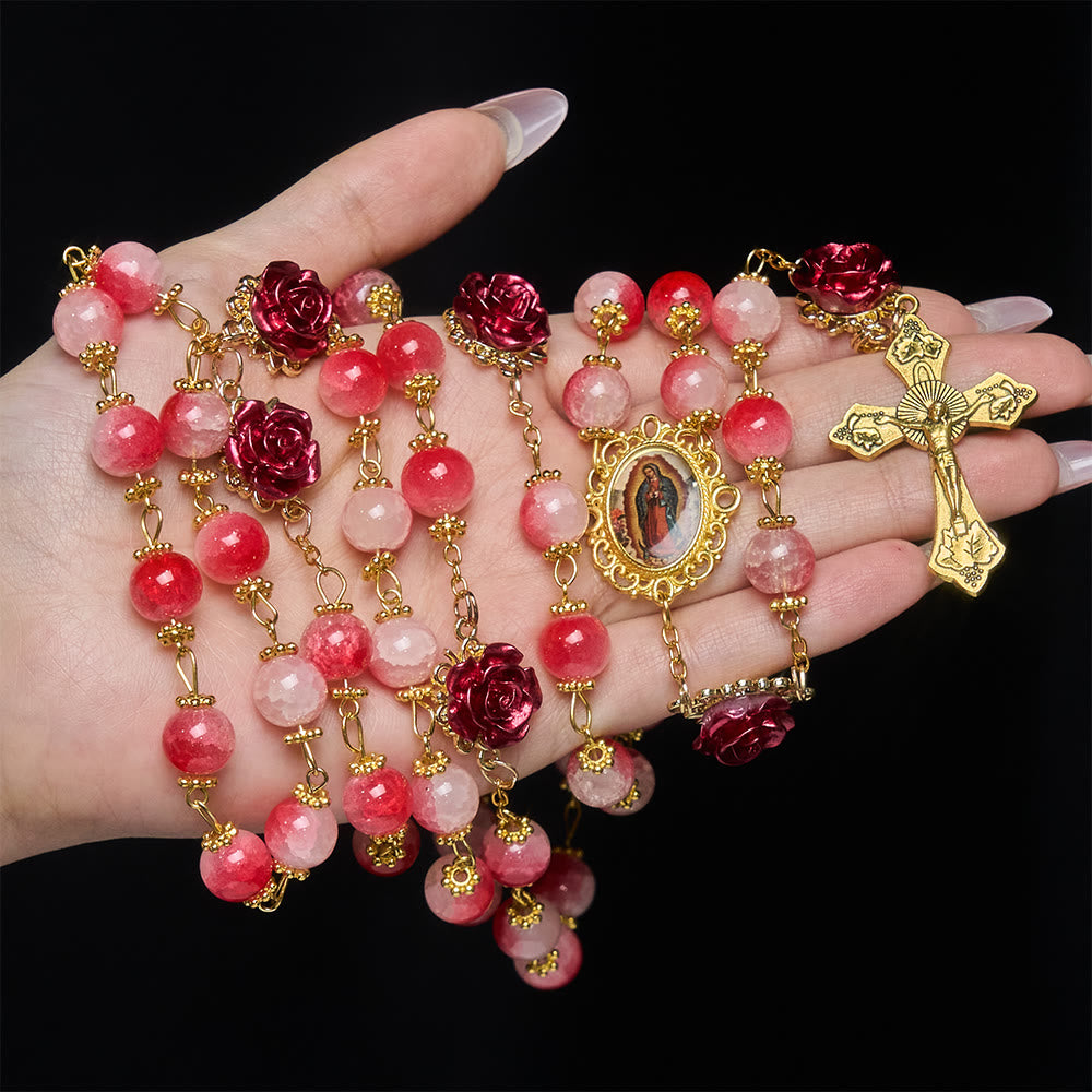 Gradient Red White Glass & Carved Rose Rosary with Golden Crucifix