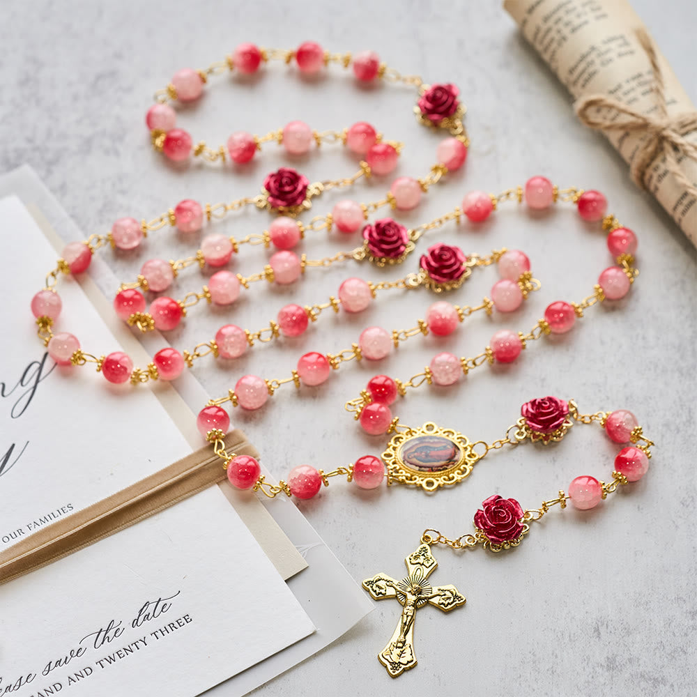 Gradient Red White Glass & Carved Rose Rosary with Golden Crucifix