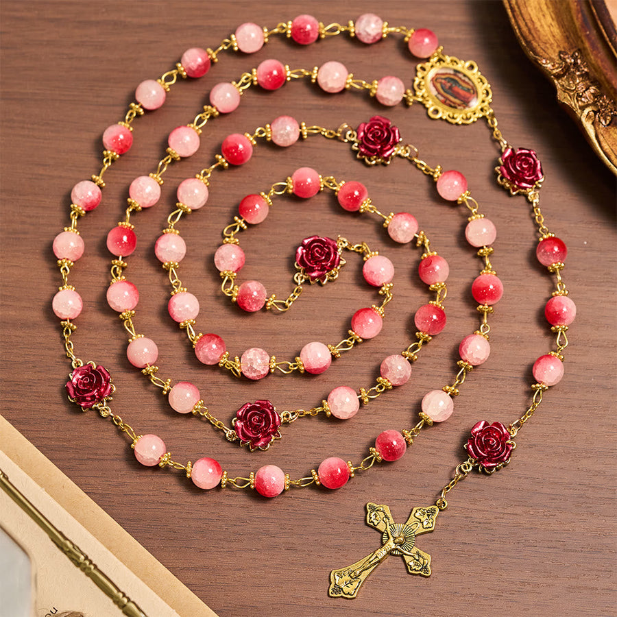 Gradient Red White Glass & Carved Rose Rosary with Golden Crucifix