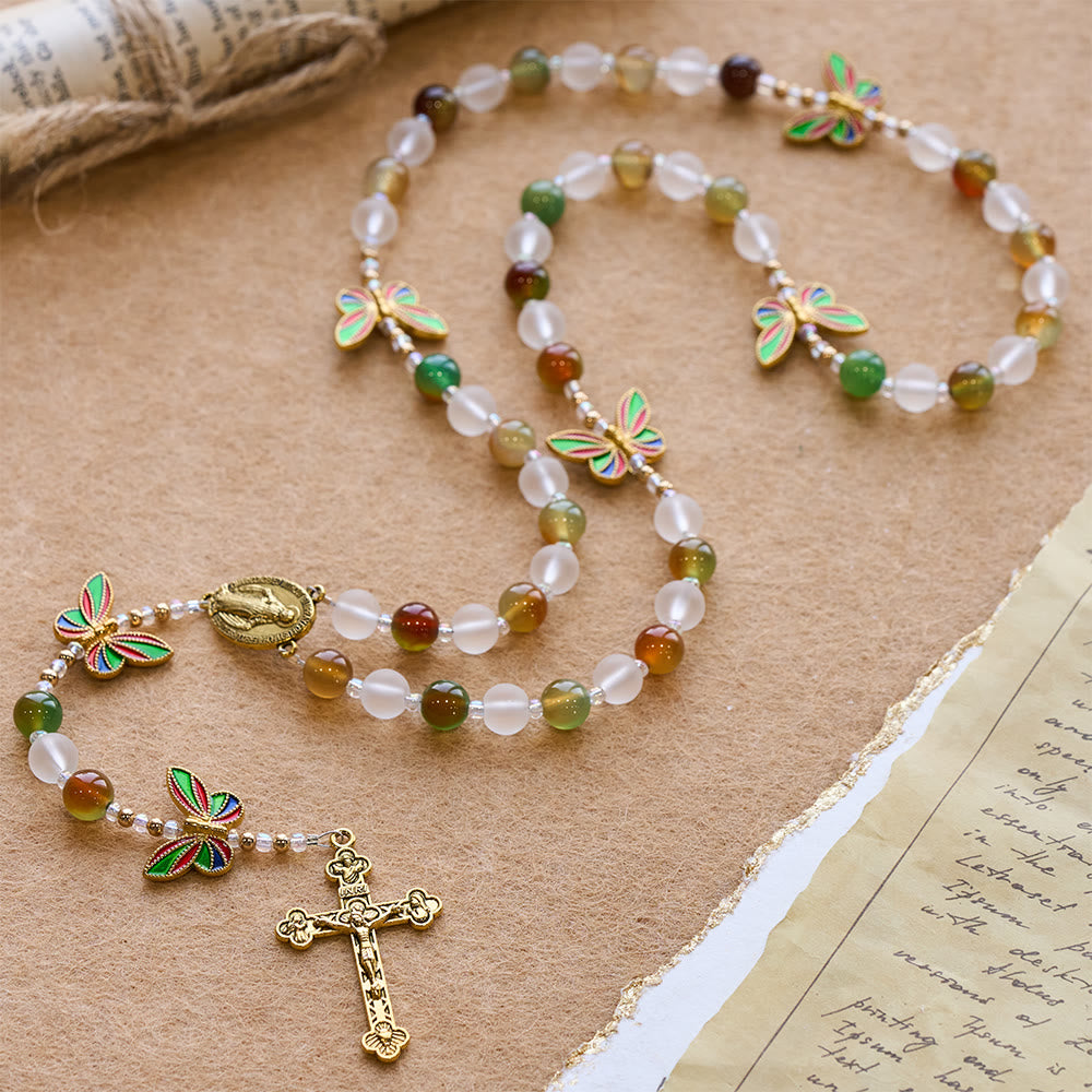 Natural Malachite with Enamel Butterfly Rosary: Butterfly of Faith