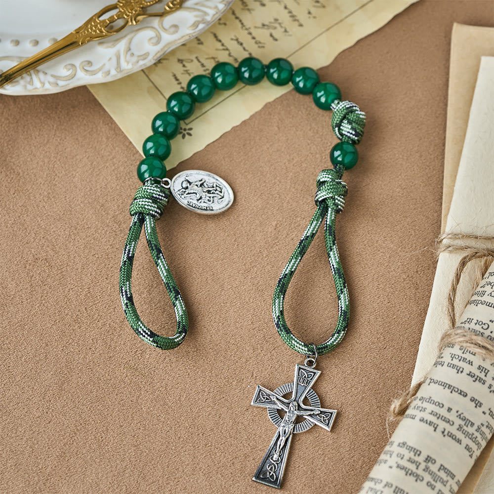Green Aventurine Easter Pocket Rosary with St. Michael Pendant and Celtic Cross