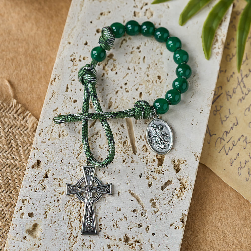 Green Aventurine Easter Pocket Rosary with St. Michael Pendant and Celtic Cross