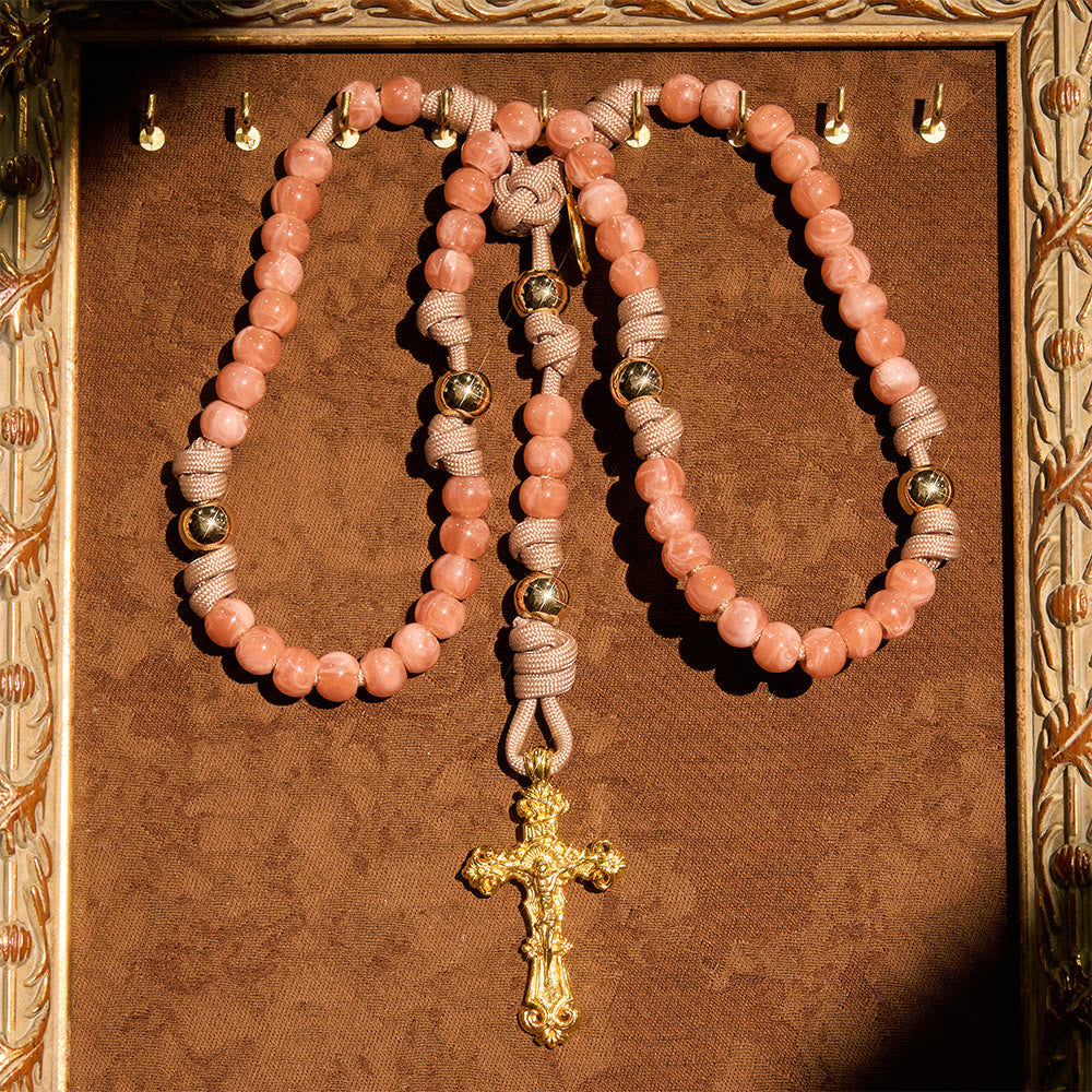 Pink Beads Paracord Rosary with Our Lady & Golden Crucifix