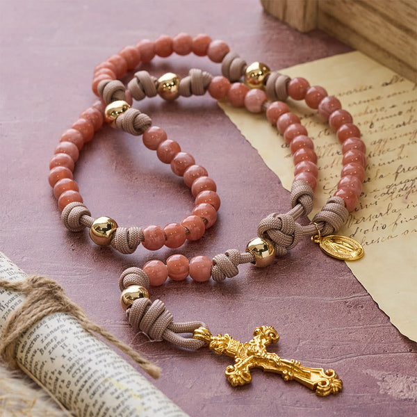 Pink Beads Paracord Rosary with Our Lady & Golden Crucifix