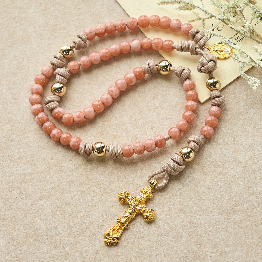 Pink Beads Paracord Rosary with Our Lady & Golden Crucifix