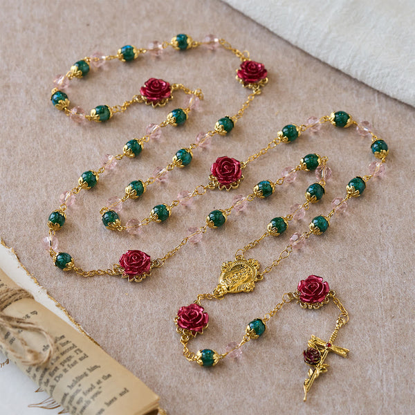 Sparkling Green & Pink Beads Red Rose Rosary with Our Lady Charm