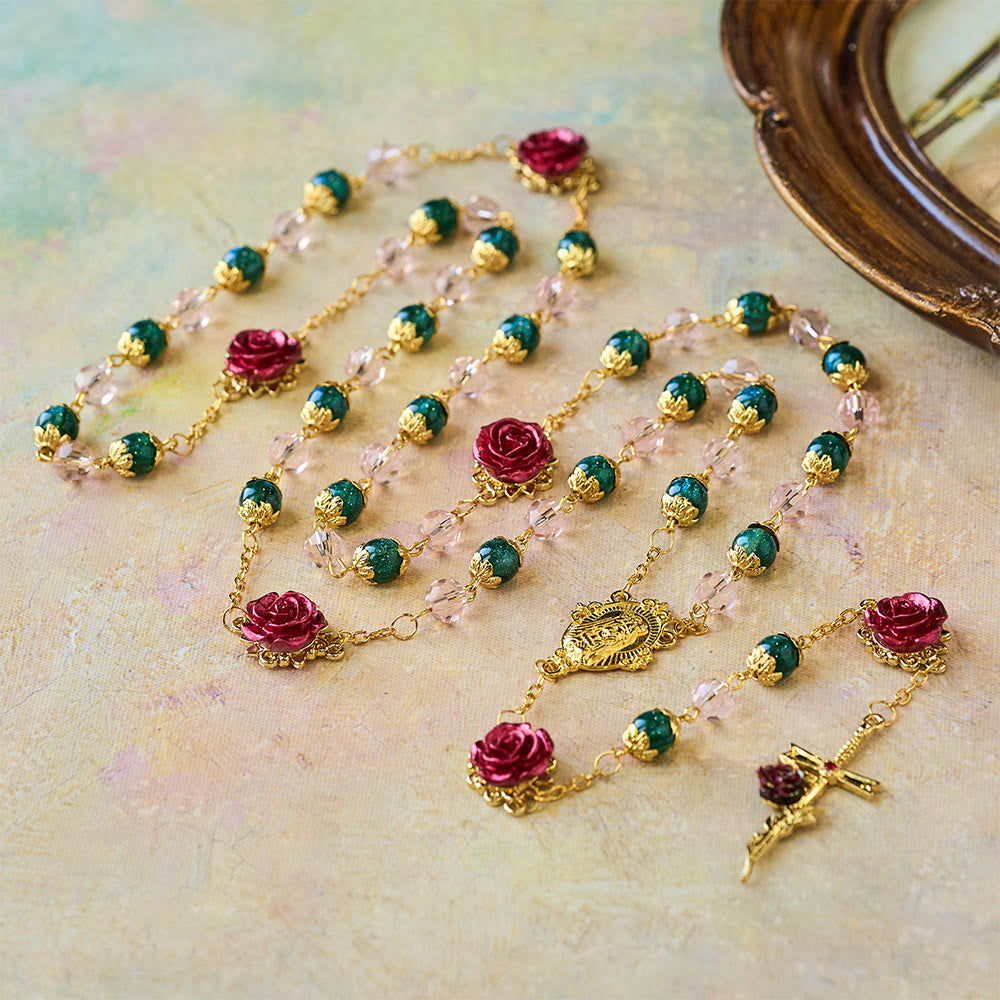 Sparkling Green & Pink Beads Red Rose Rosary with Our Lady Charm