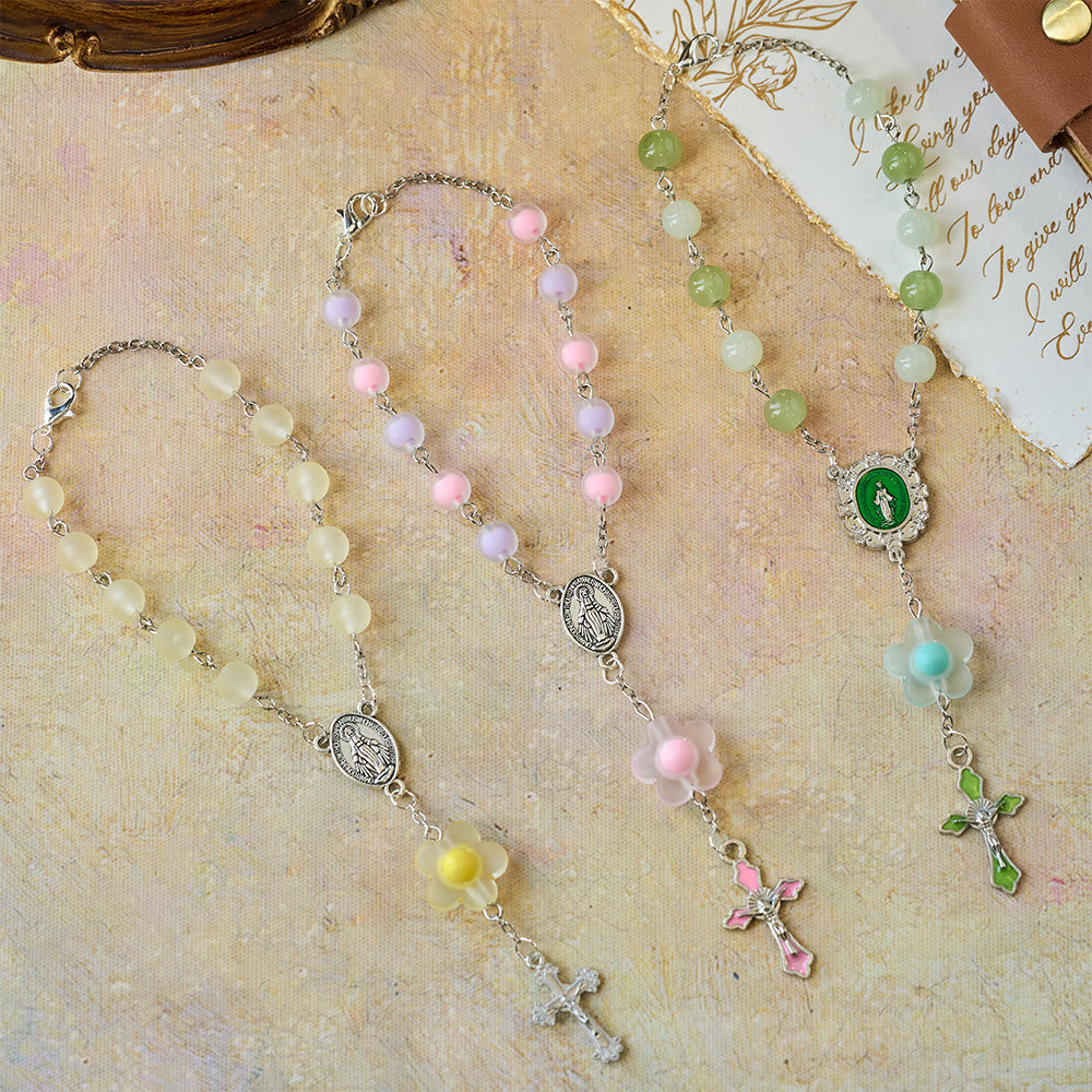 3-Style Pastel Pocket Rosary with Flower Charm: Silver-Toned Crucifix for Marian Prayer