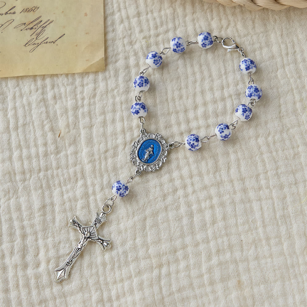Blue Flower Ceramic Auto Rosary: A Symbol of Marian Protection for Car