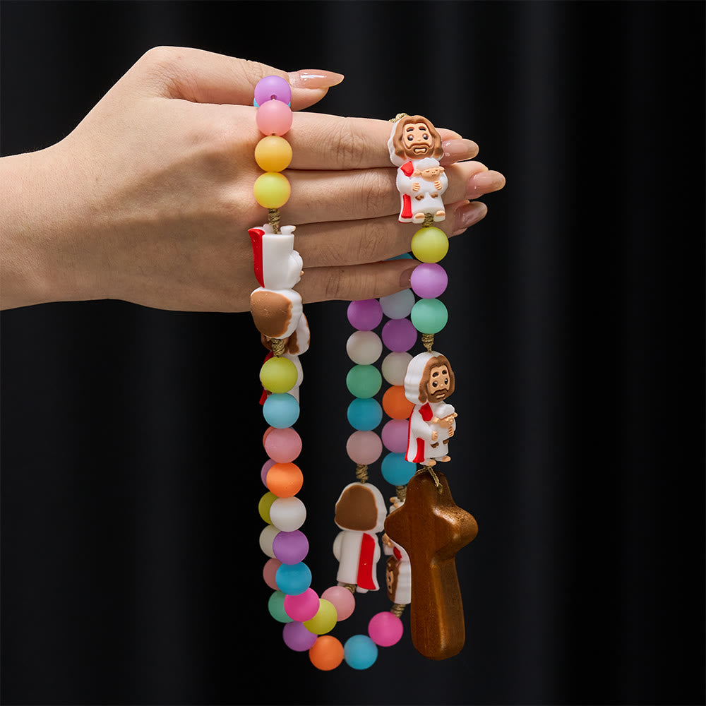 Pastel Silicone Bead with Cartoon Jesus Icon Accents Rosary: A Symbol of Childlike Faith & Divine Joy