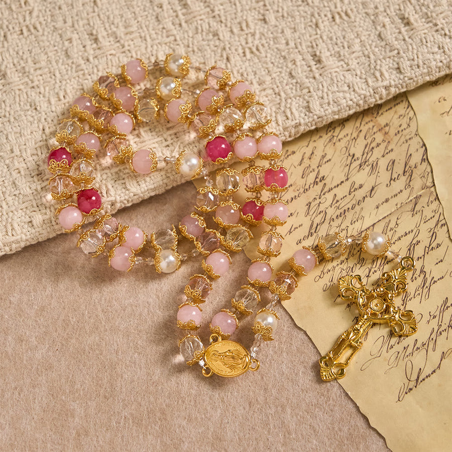 Pink-Tone Glass Devotion Rosary with Our Lady Medal & Crucifix: Sacred Love Woven in Elegant Craft