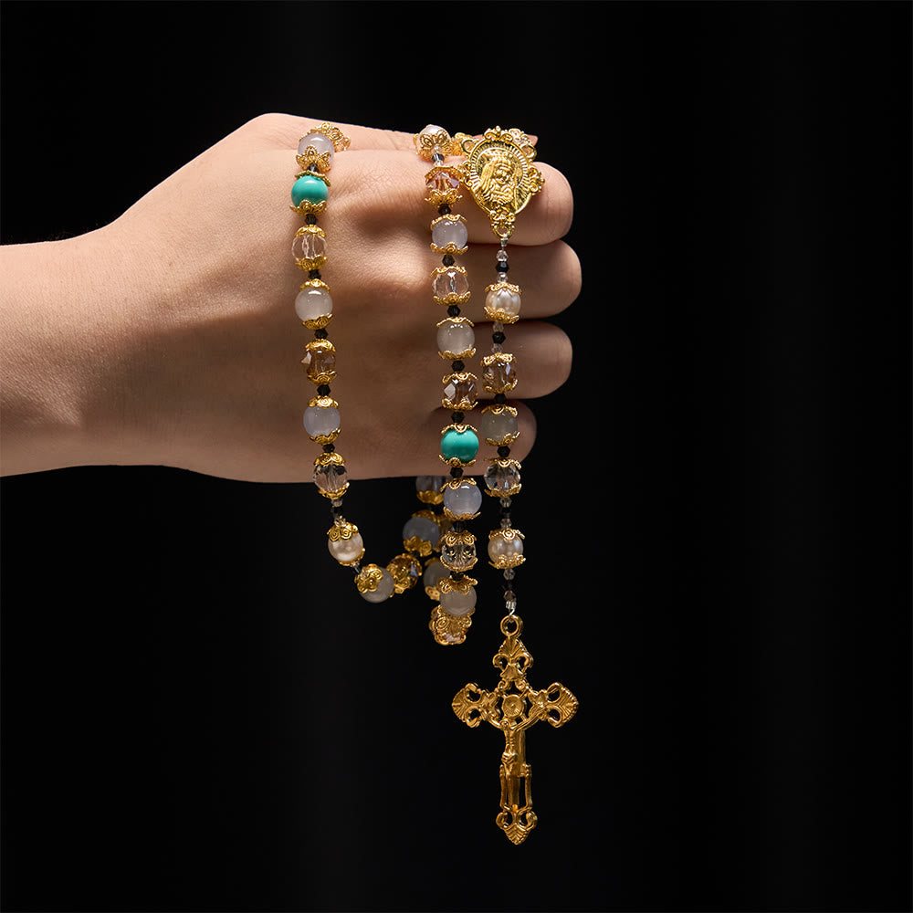 Blue-Tone Glass Bead Rosary with Our Lady Medal & Crucifix: A Symbol of Grace in Every Prayer