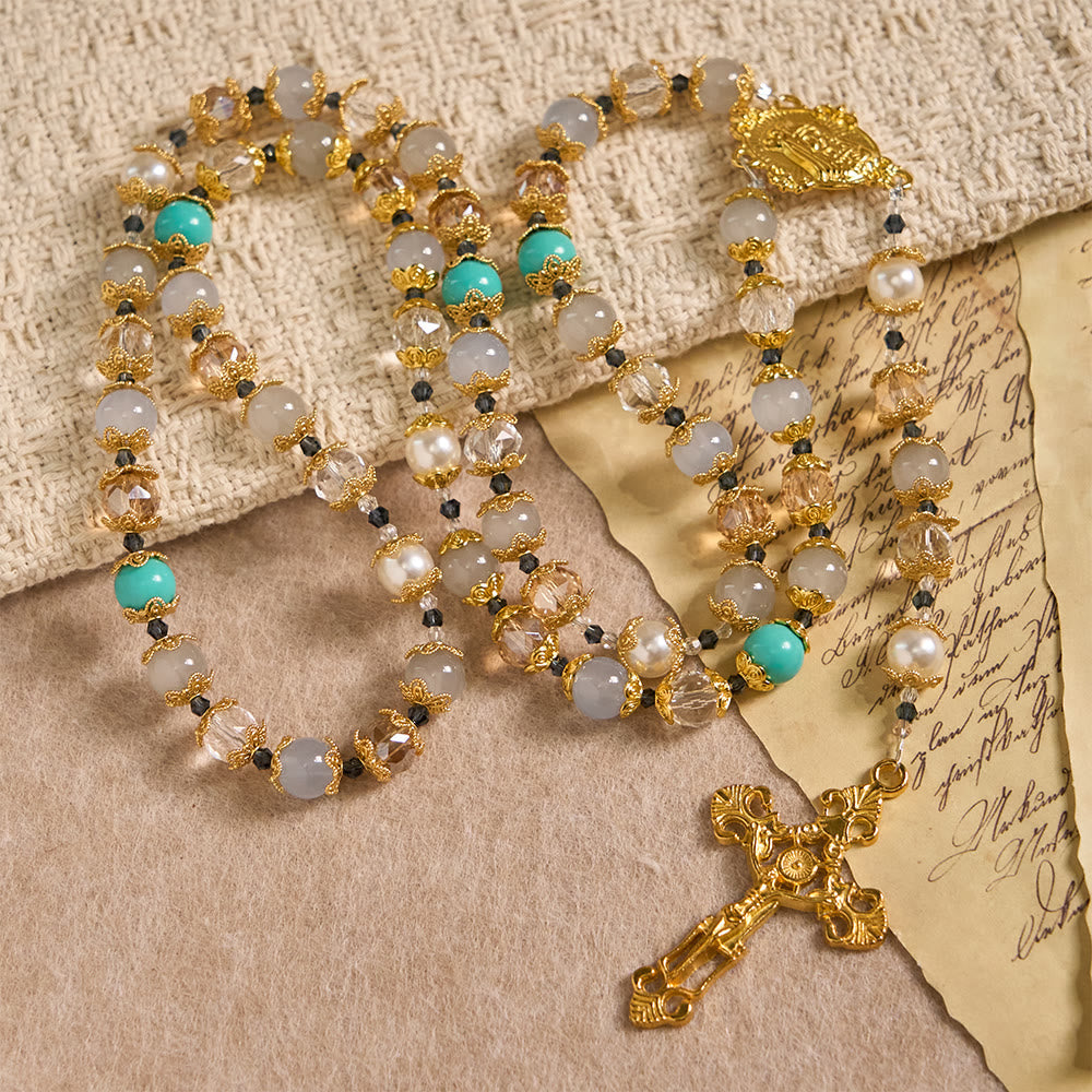 Blue-Tone Glass Bead Rosary with Our Lady Medal & Crucifix: A Symbol of Grace in Every Prayer