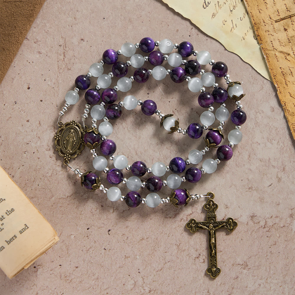 Cat's Eye Beaded Rosary with Mary Medal: A Symbol of Divine Guidance & Faith