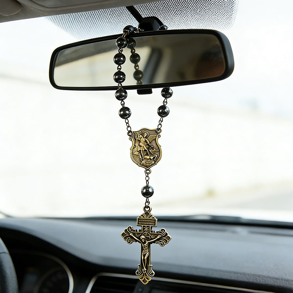 Hematite Bead Car Pendant with St. Michael Medal & Crucifix: A Gift of Heavenly Protection & Strength