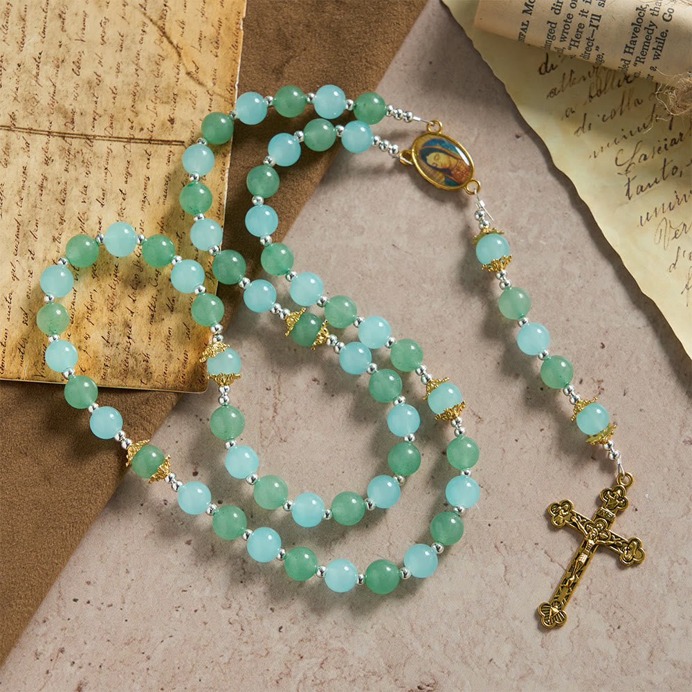 Aventurine & Aquamarine-Hued Glass Rosary with Our Lady Medal & Ornate Crucifix