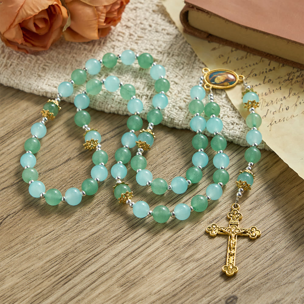 Aventurine & Aquamarine-Hued Glass Rosary with Our Lady Medal & Ornate Crucifix