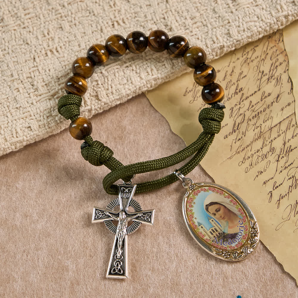 Tiger Eye Pocket Rosary with Divine Mercy: Courage & Faith with Paracord Design