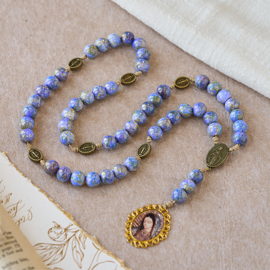 Blessed Our Lady Seven Sorrows Rosary with Purple Blue Oil-Paint Beads & Our Lady Medal