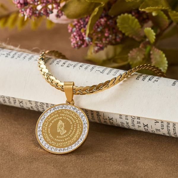 Zircon-Framed Praying Hands Scripture Necklace: Emblem of Divine Humility