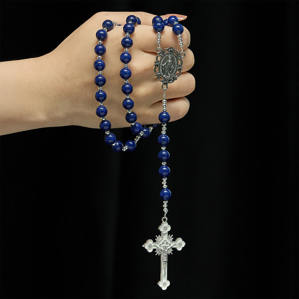 Lapis Lazuli Bead Rosary with Etched Crucifix: Emblem of Divine Wisdom & Marian Grace