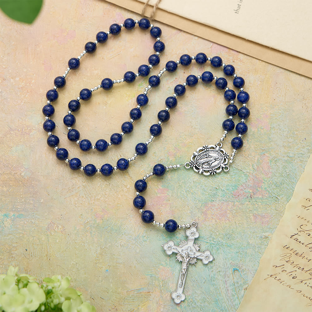 Lapis Lazuli Bead Rosary with Etched Crucifix: Emblem of Divine Wisdom & Marian Grace