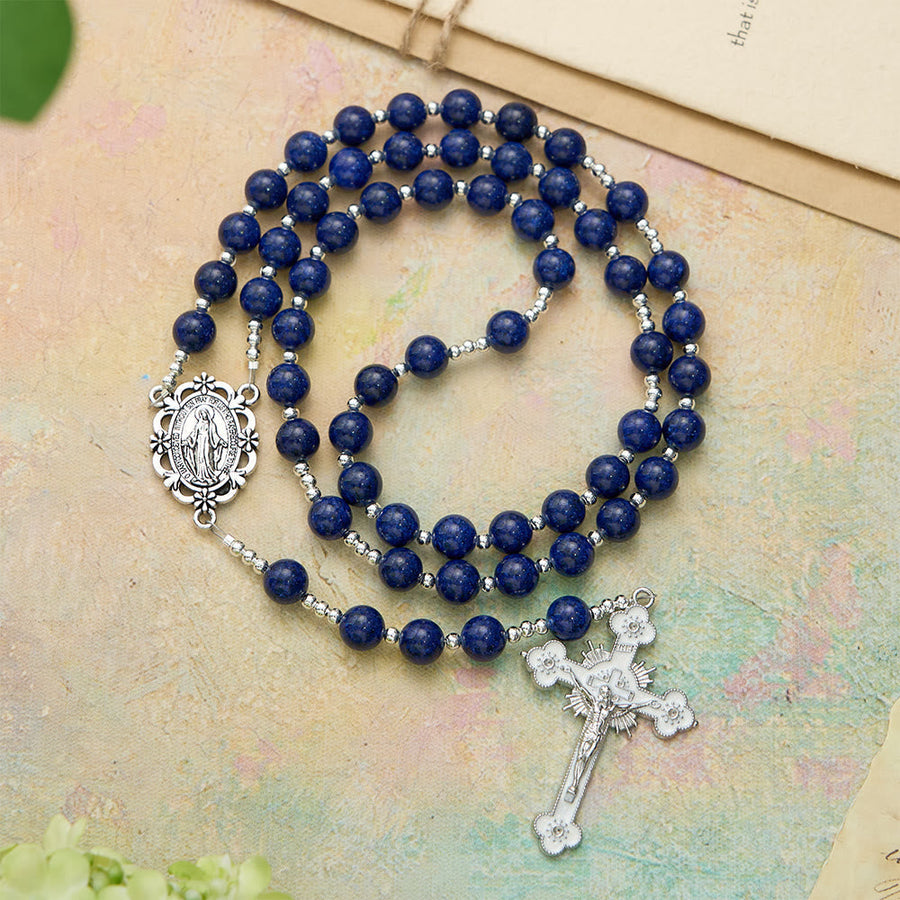 Lapis Lazuli Bead Rosary with Etched Crucifix: Emblem of Divine Wisdom & Marian Grace
