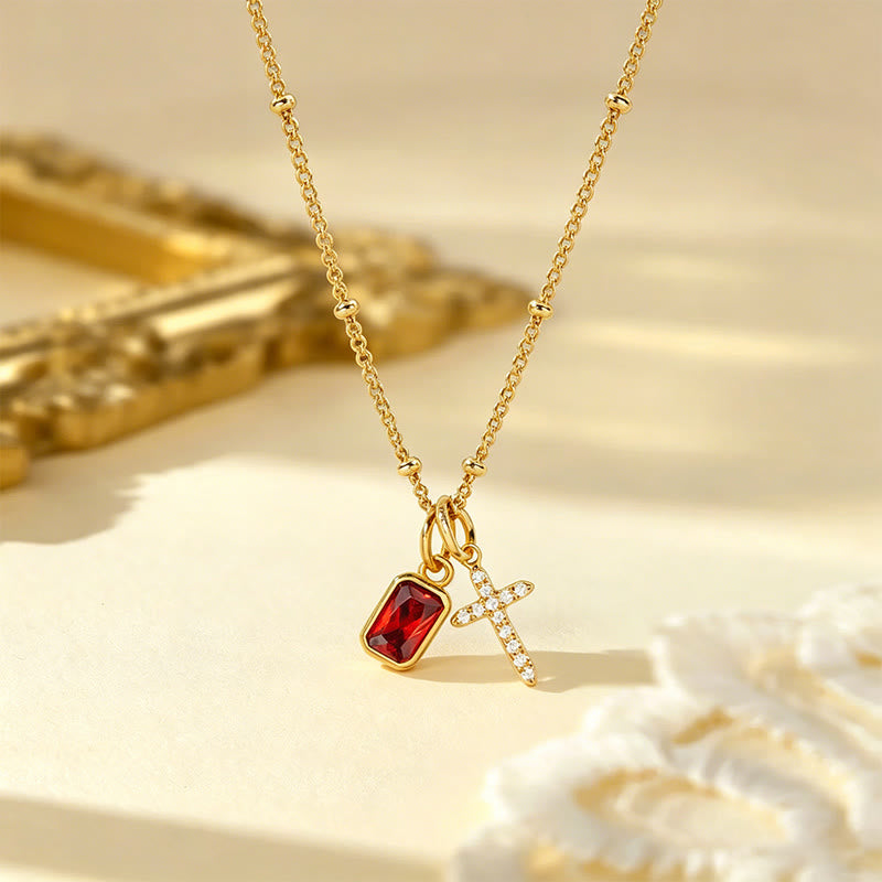 Sacred Cross & Rectangular Gem Birthstone Necklace: Symbol Of Divine Grace & Devotion