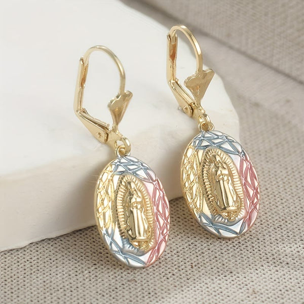 Ornate Our Lady Oval Drop Earrings: Embodying Maternal Grace & Divine Protection