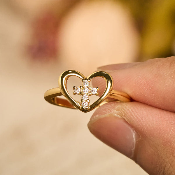 Elegant Heart Cross Open Ring: Emblem Of Devoted Faith & Heavenly Guidance