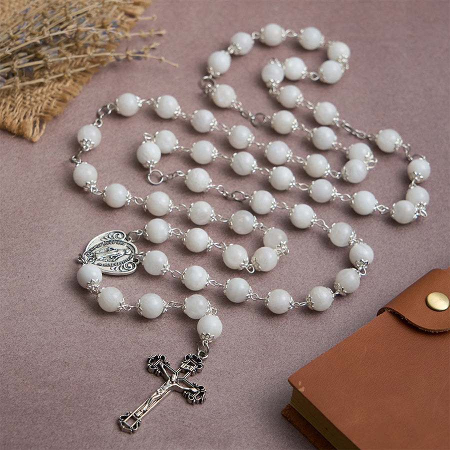 Marian Grace Moonstone Rosary: Silver-Toned Crucifix for Sacred Devotion