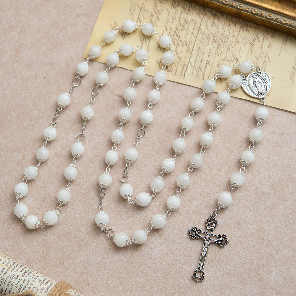 Marian Grace Moonstone Rosary: Silver-Toned Crucifix for Sacred Devotion
