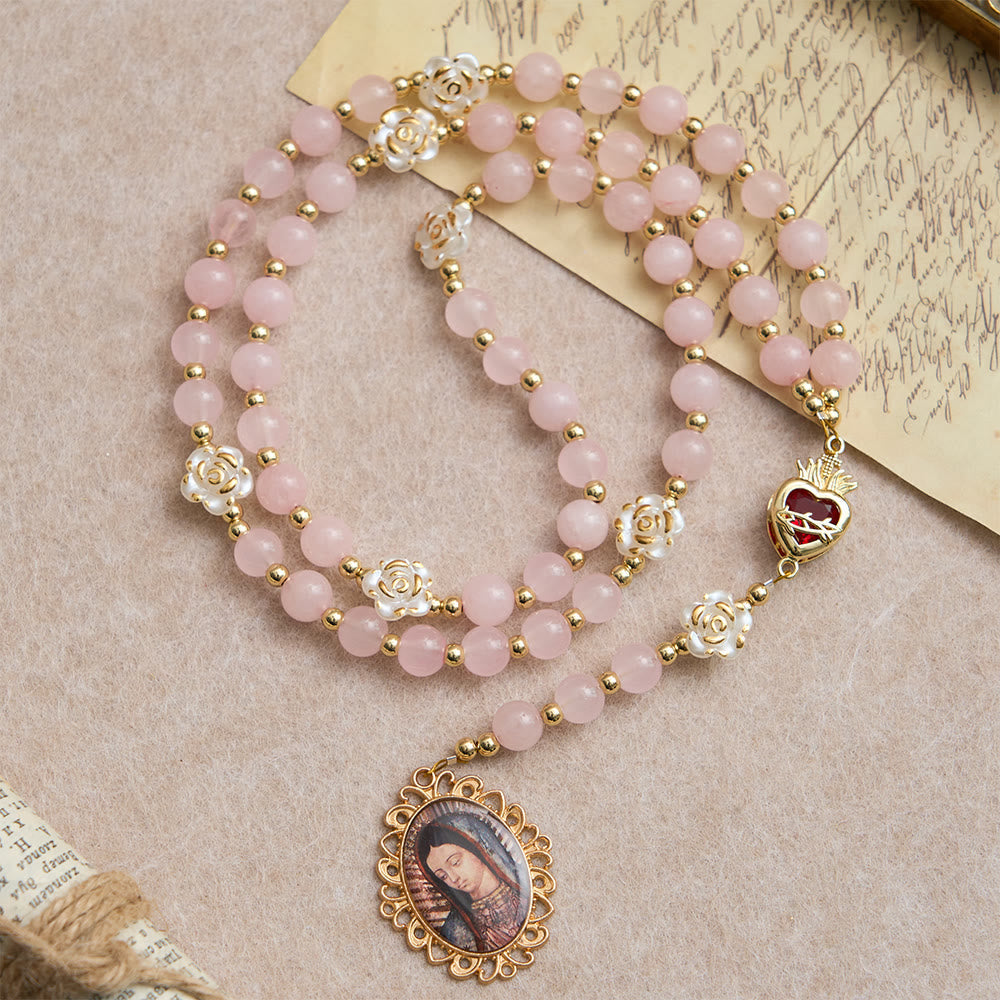 Rose Quartz Seven Sorrow Rosary with Sacred Heart: Emblem of Marian Compassion