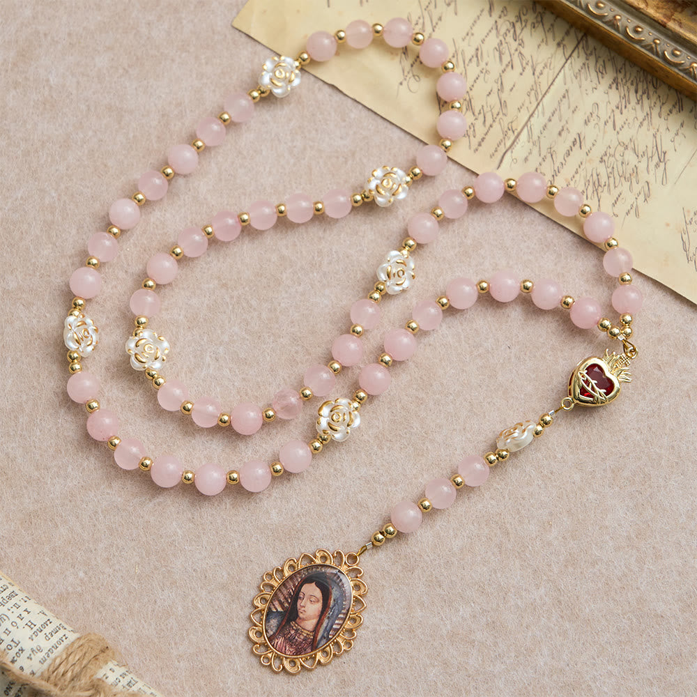 Rose Quartz Seven Sorrow Rosary with Sacred Heart: Emblem of Marian Compassion