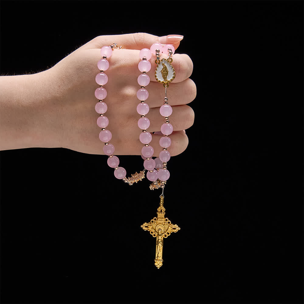 Light Pink Glass Rosary with Sunflower Our Father Beads & Our Lady Center