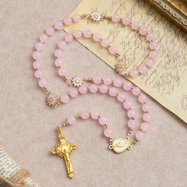 Light Pink Glass Rosary with Sunflower Our Father Beads & Our Lady Center