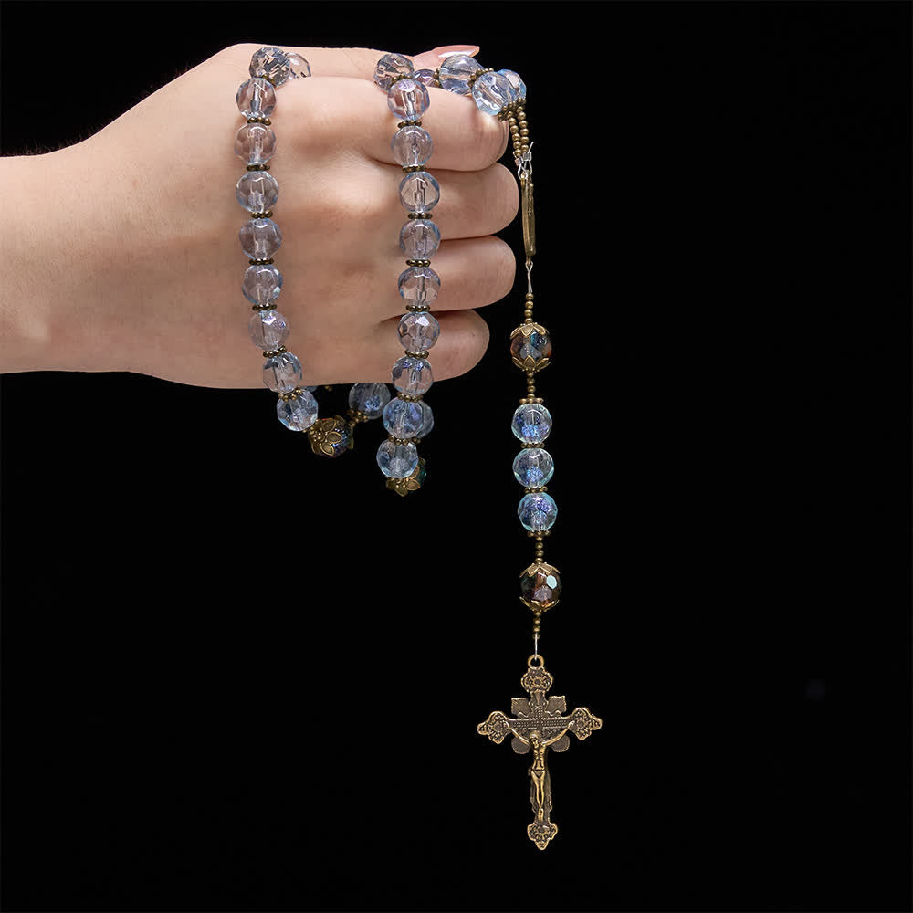 Antique Bronze Our Lady Heirloom Rosary with Iridescent Blue Glass